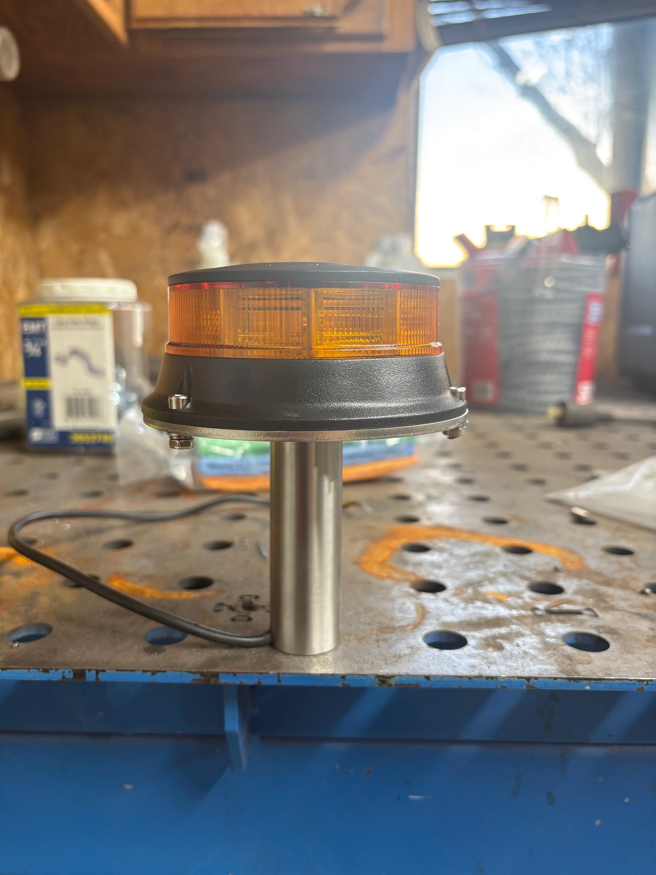 Stainless Steel Semi Mirror Beacon Mount Kit — 1" Post, 3/8" Stud, Amber Beacon Included